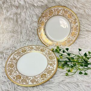 Wedgwood Gold Damask 2 Piece Bread‎ & Butter Plates Bone China Elegant